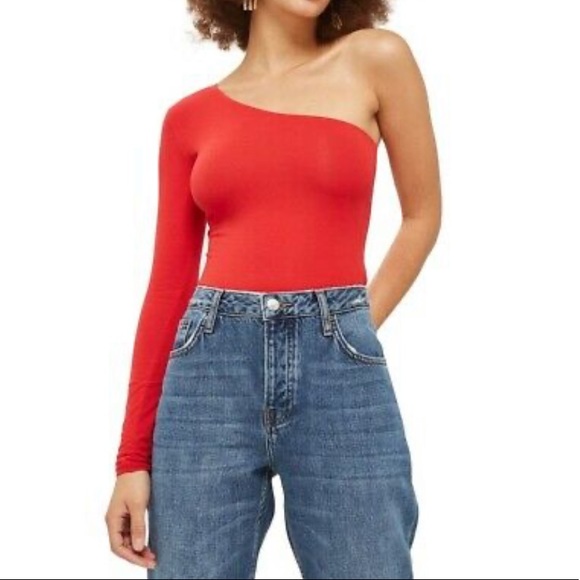 Topshop Tops - Red One Shoulder Longsleeve Topshop Bodysuit